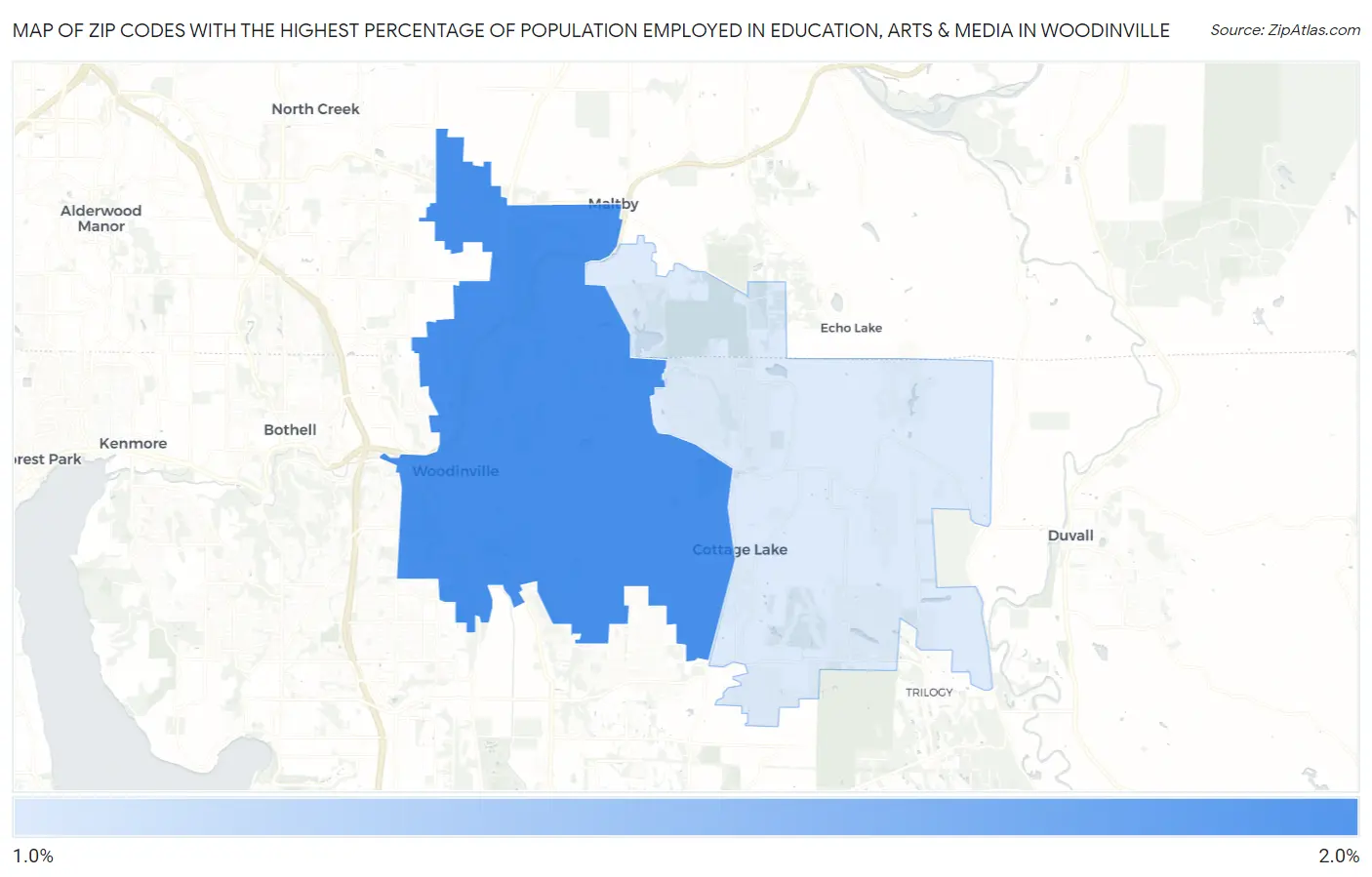 Zip Codes with the Highest Percentage of Population Employed in Education, Arts & Media in Woodinville Map