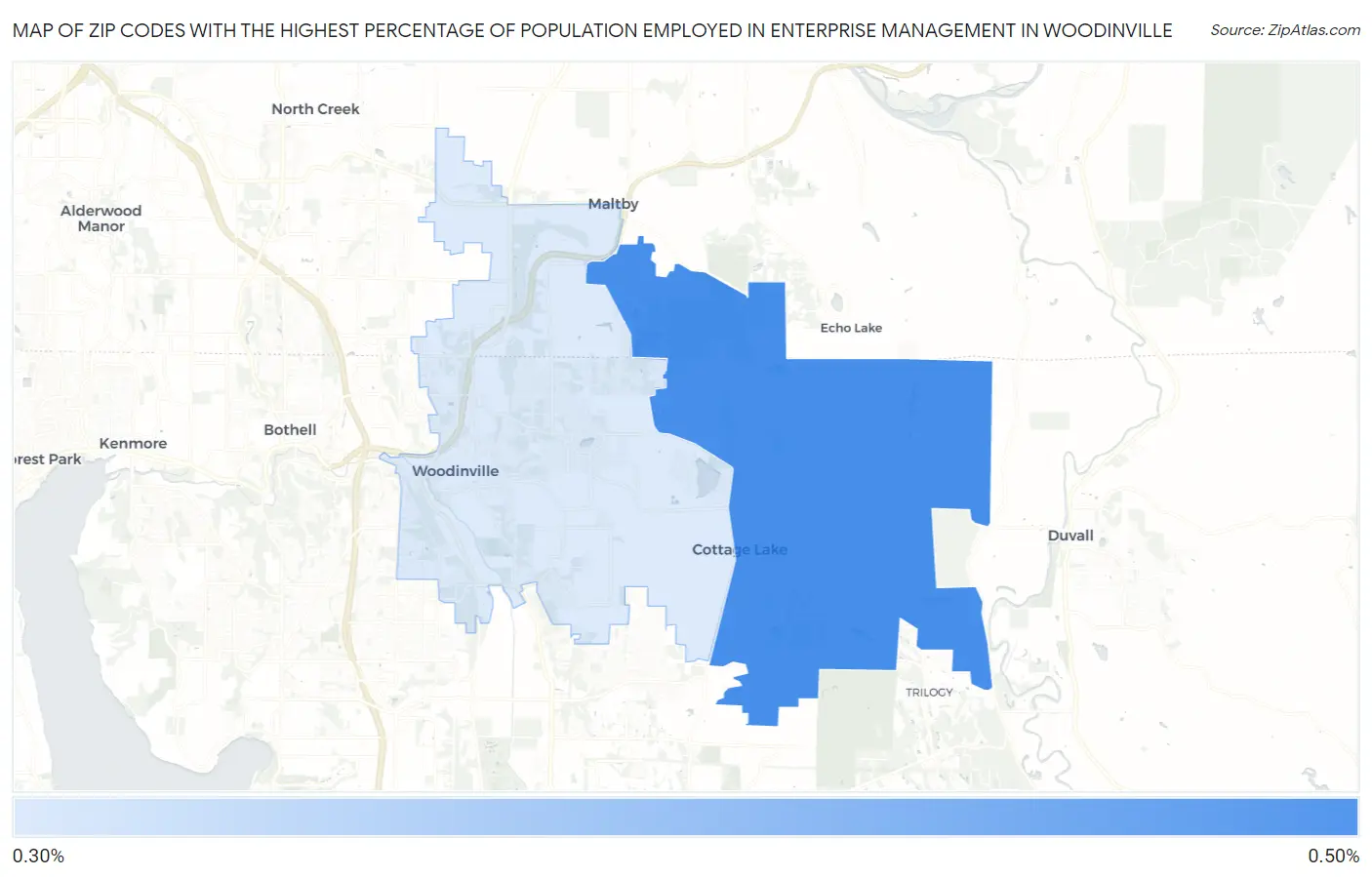 Zip Codes with the Highest Percentage of Population Employed in Enterprise Management in Woodinville Map