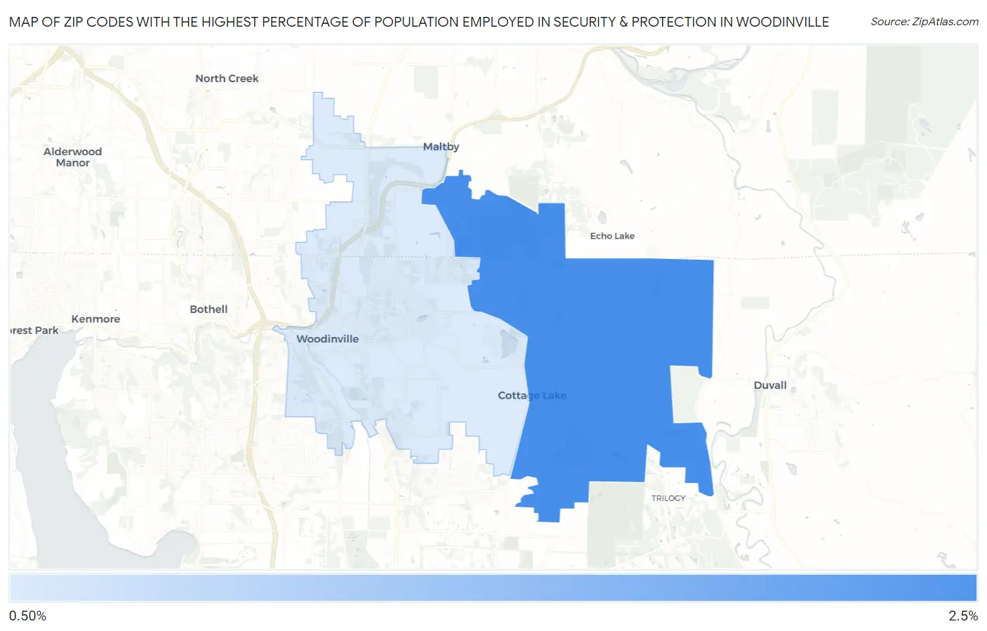Zip Codes with the Highest Percentage of Population Employed in Security & Protection in Woodinville Map