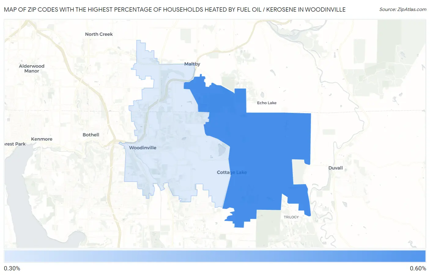Zip Codes with the Highest Percentage of Households Heated by Fuel Oil / Kerosene in Woodinville Map