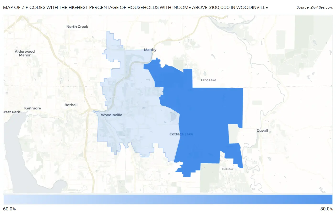 Zip Codes with the Highest Percentage of Households with Income Above $100,000 in Woodinville Map