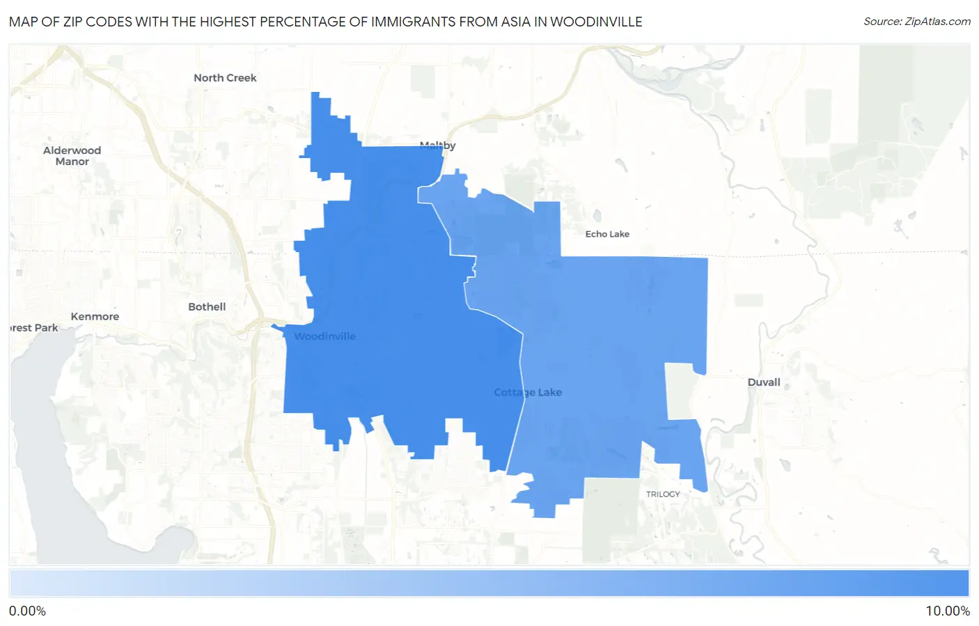 Zip Codes with the Highest Percentage of Immigrants from Asia in Woodinville Map