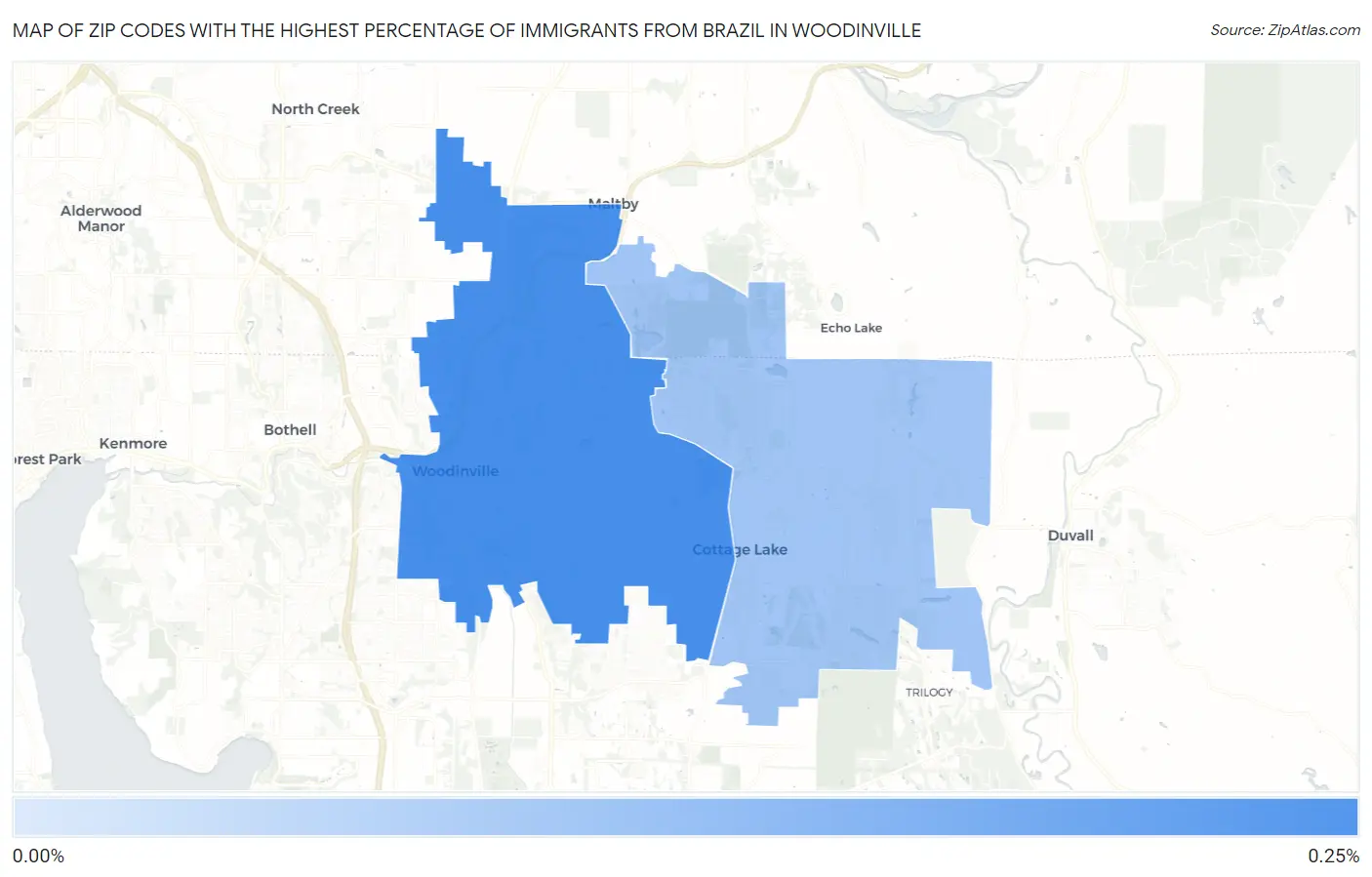 Zip Codes with the Highest Percentage of Immigrants from Brazil in Woodinville Map