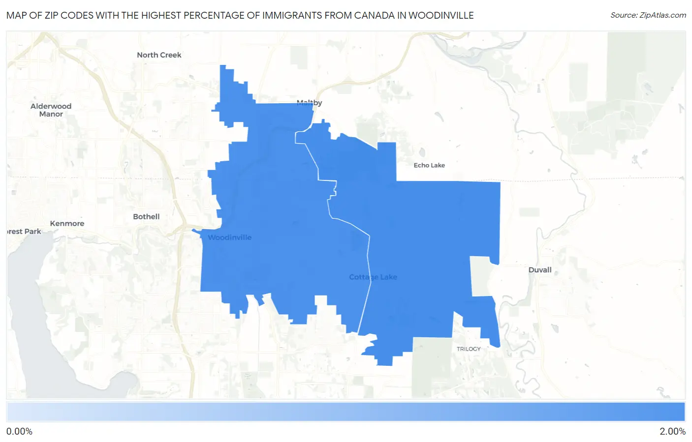 Zip Codes with the Highest Percentage of Immigrants from Canada in Woodinville Map