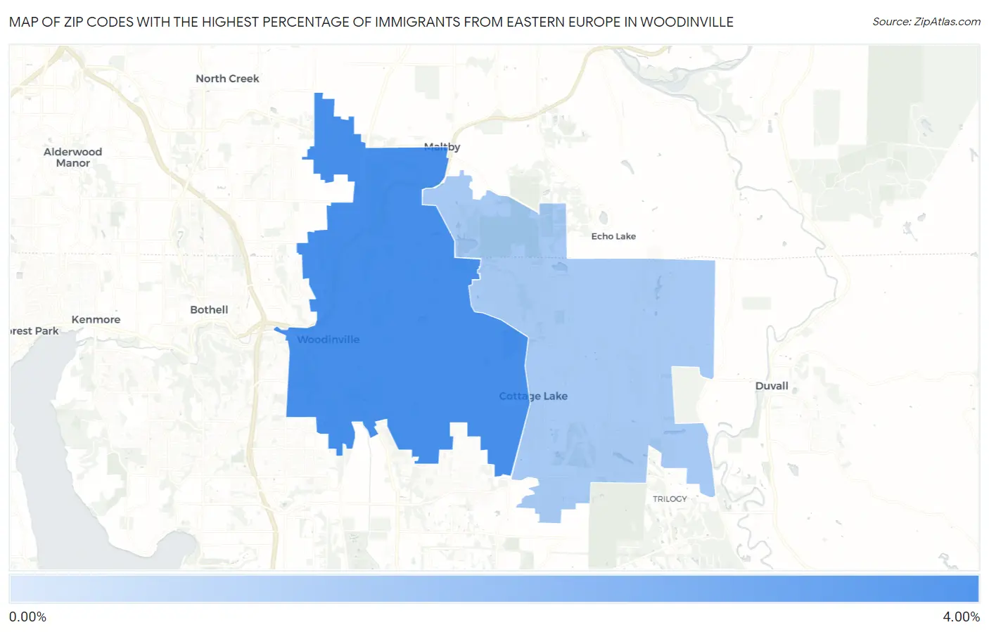 Zip Codes with the Highest Percentage of Immigrants from Eastern Europe in Woodinville Map