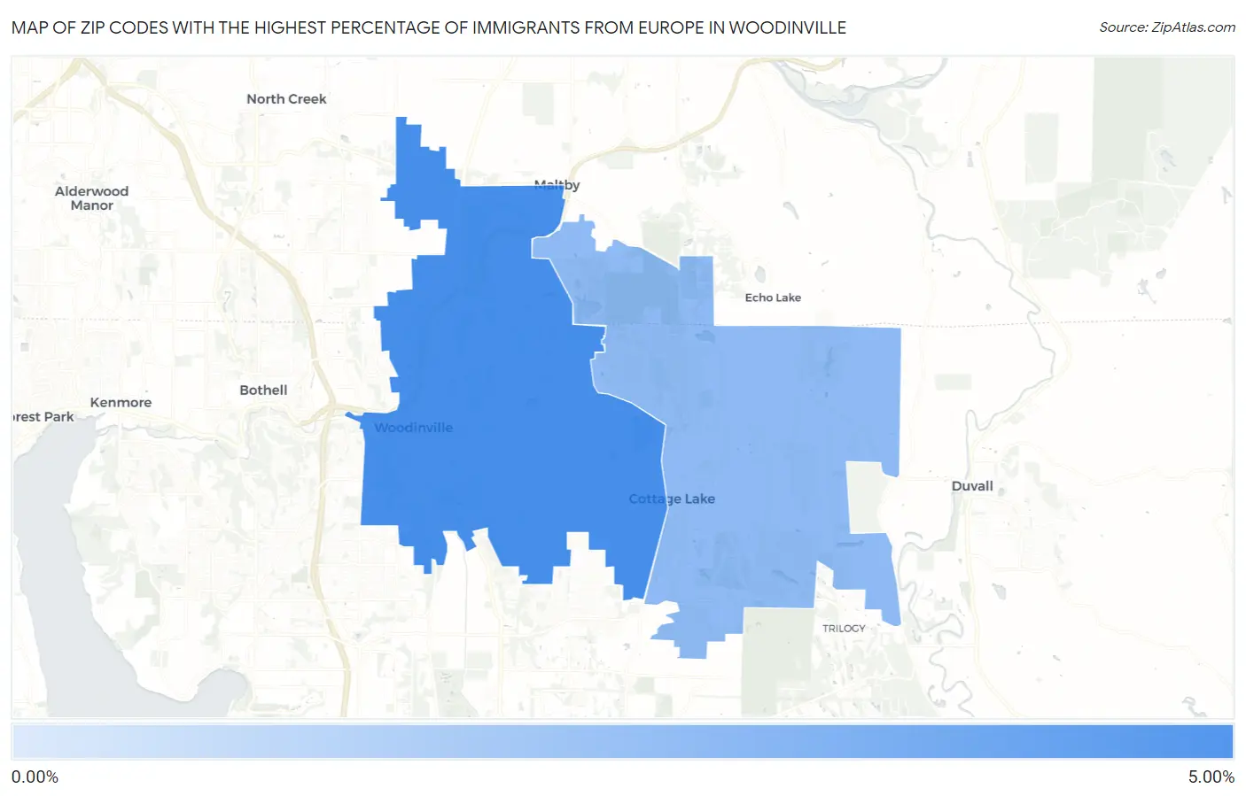 Zip Codes with the Highest Percentage of Immigrants from Europe in Woodinville Map