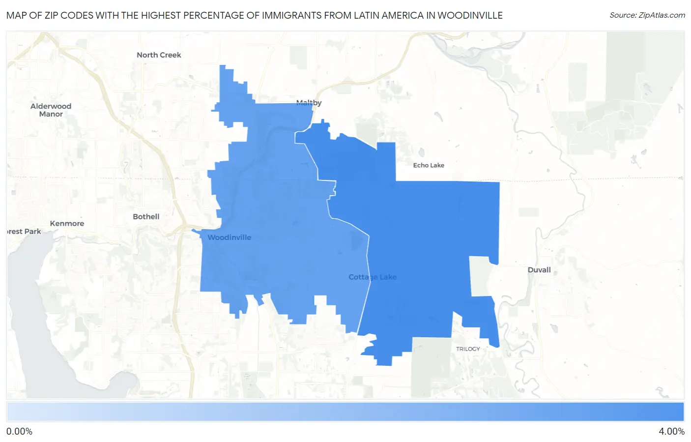 Zip Codes with the Highest Percentage of Immigrants from Latin America in Woodinville Map