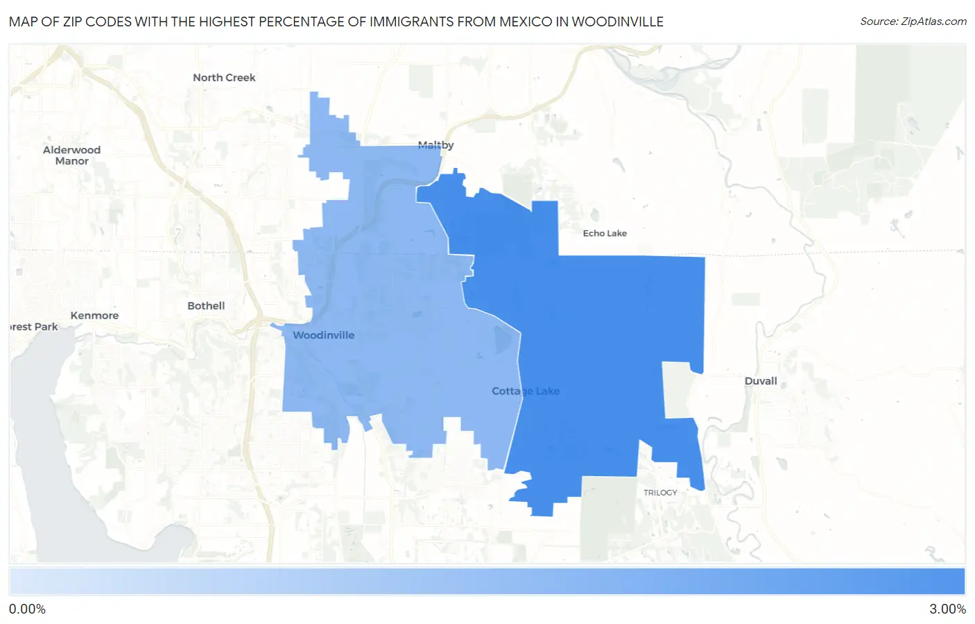 Zip Codes with the Highest Percentage of Immigrants from Mexico in Woodinville Map