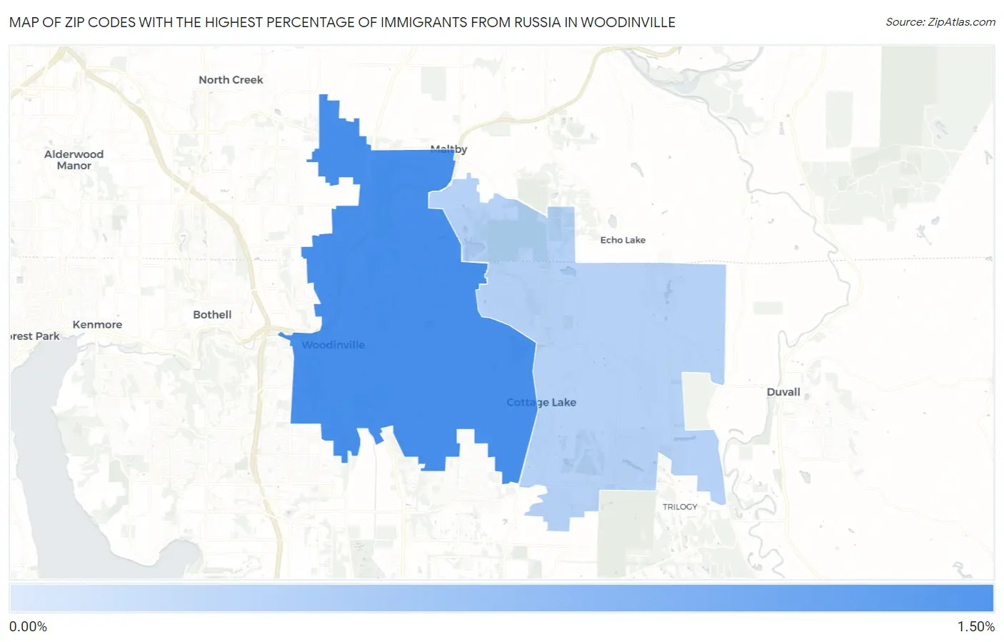 Zip Codes with the Highest Percentage of Immigrants from Russia in Woodinville Map