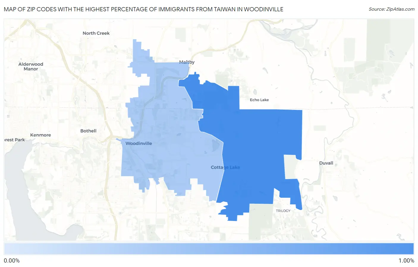 Zip Codes with the Highest Percentage of Immigrants from Taiwan in Woodinville Map
