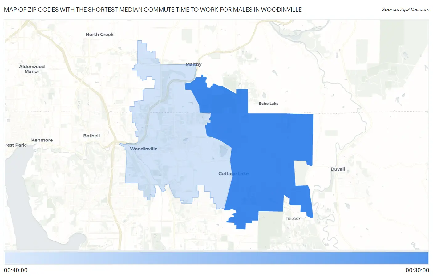 Zip Codes with the Shortest Median Commute Time to Work for Males in Woodinville Map