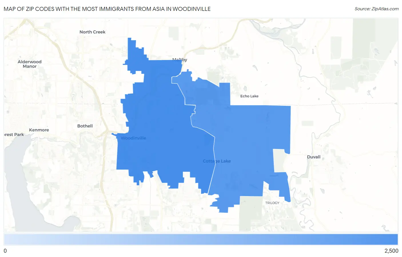 Zip Codes with the Most Immigrants from Asia in Woodinville Map