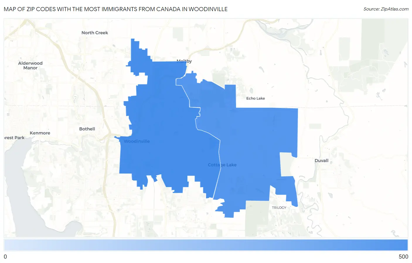 Zip Codes with the Most Immigrants from Canada in Woodinville Map