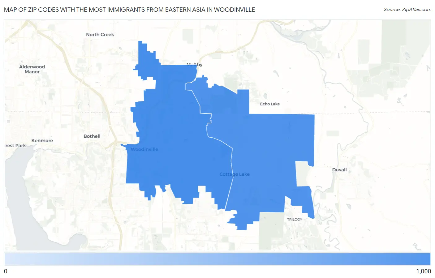 Zip Codes with the Most Immigrants from Eastern Asia in Woodinville Map