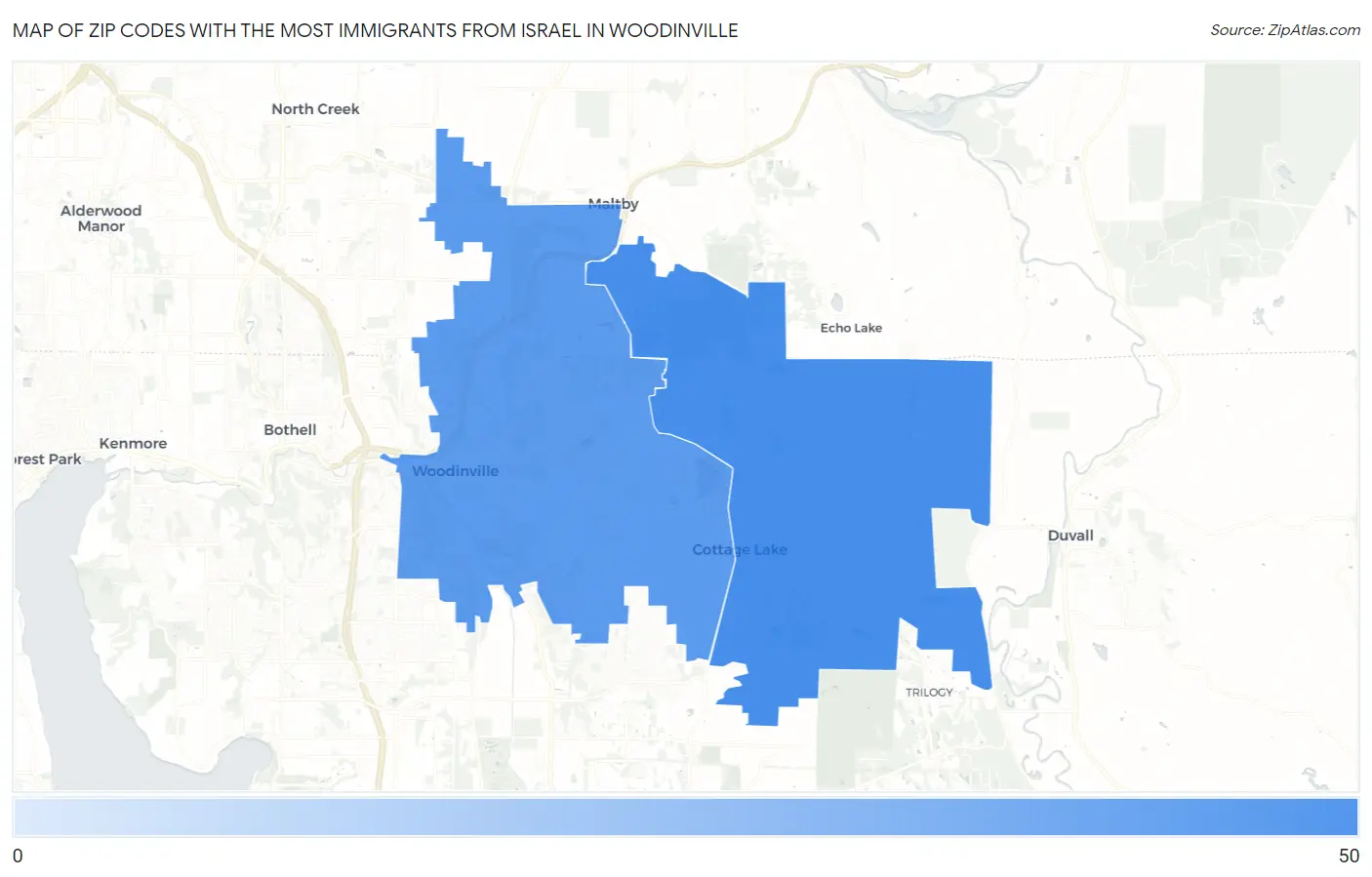 Zip Codes with the Most Immigrants from Israel in Woodinville Map