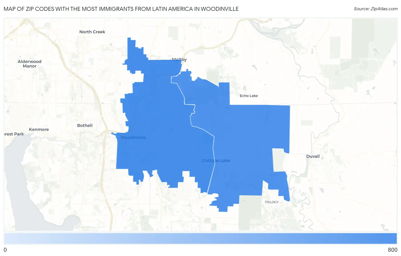 Zip Codes with the Most Immigrants from Latin America in Woodinville Map