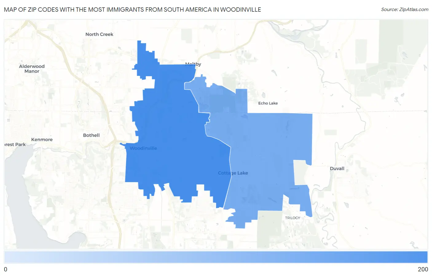 Zip Codes with the Most Immigrants from South America in Woodinville Map