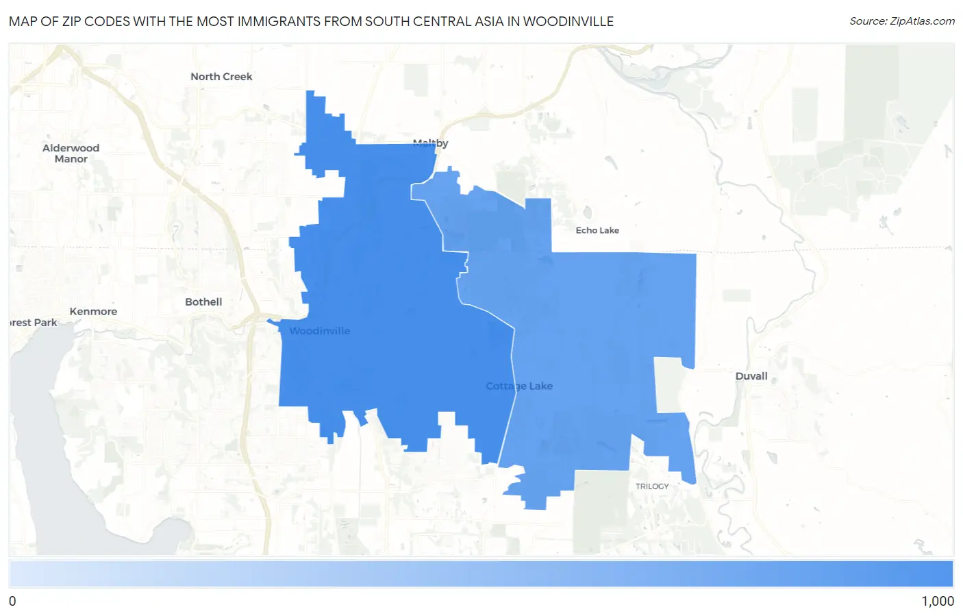 Zip Codes with the Most Immigrants from South Central Asia in Woodinville Map