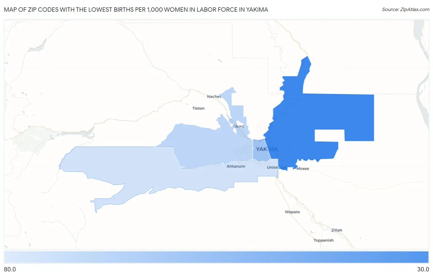 Zip Codes with the Lowest Births per 1,000 Women in Labor Force in Yakima Map