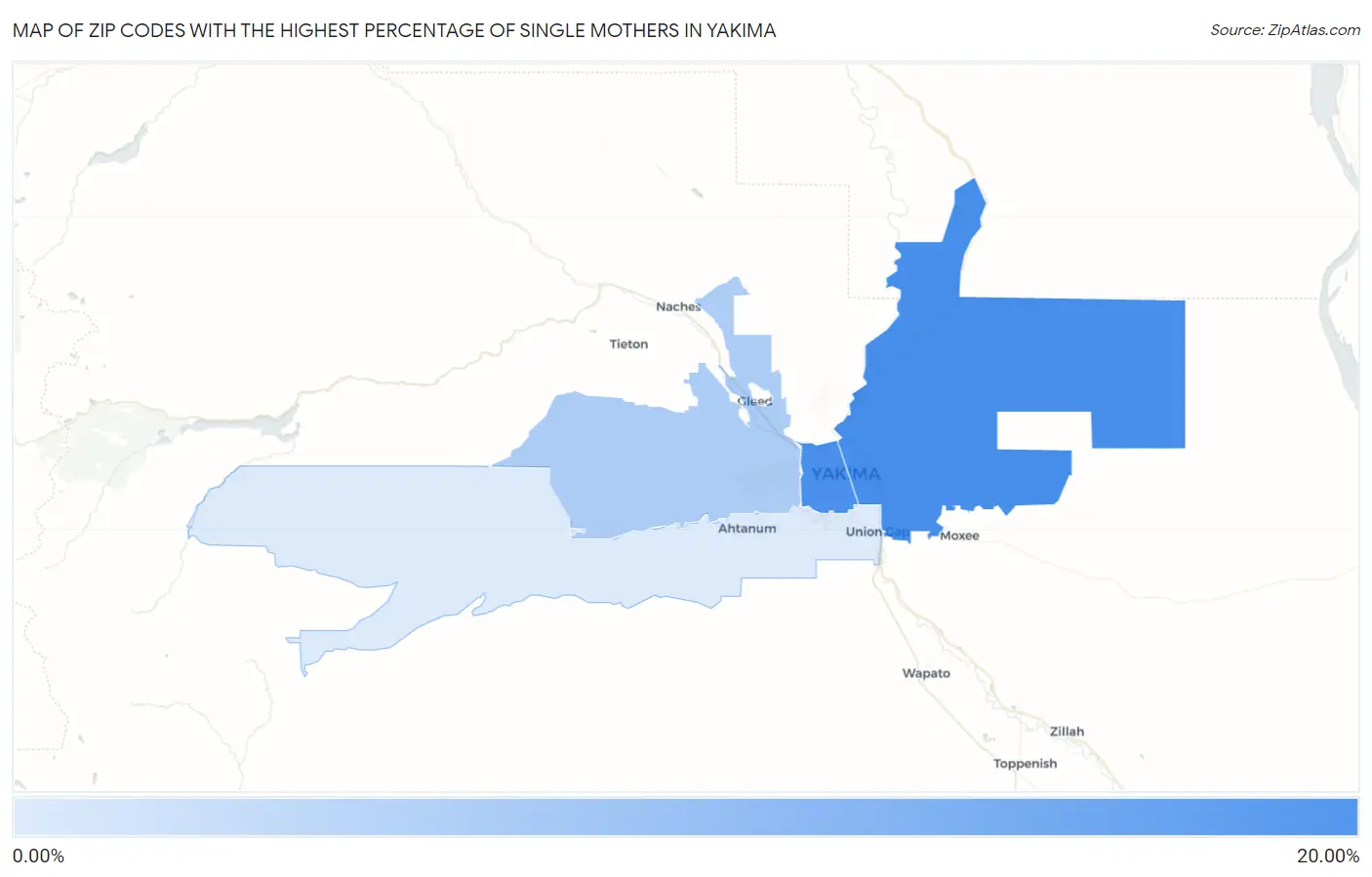 Zip Codes with the Highest Percentage of Single Mothers in Yakima Map