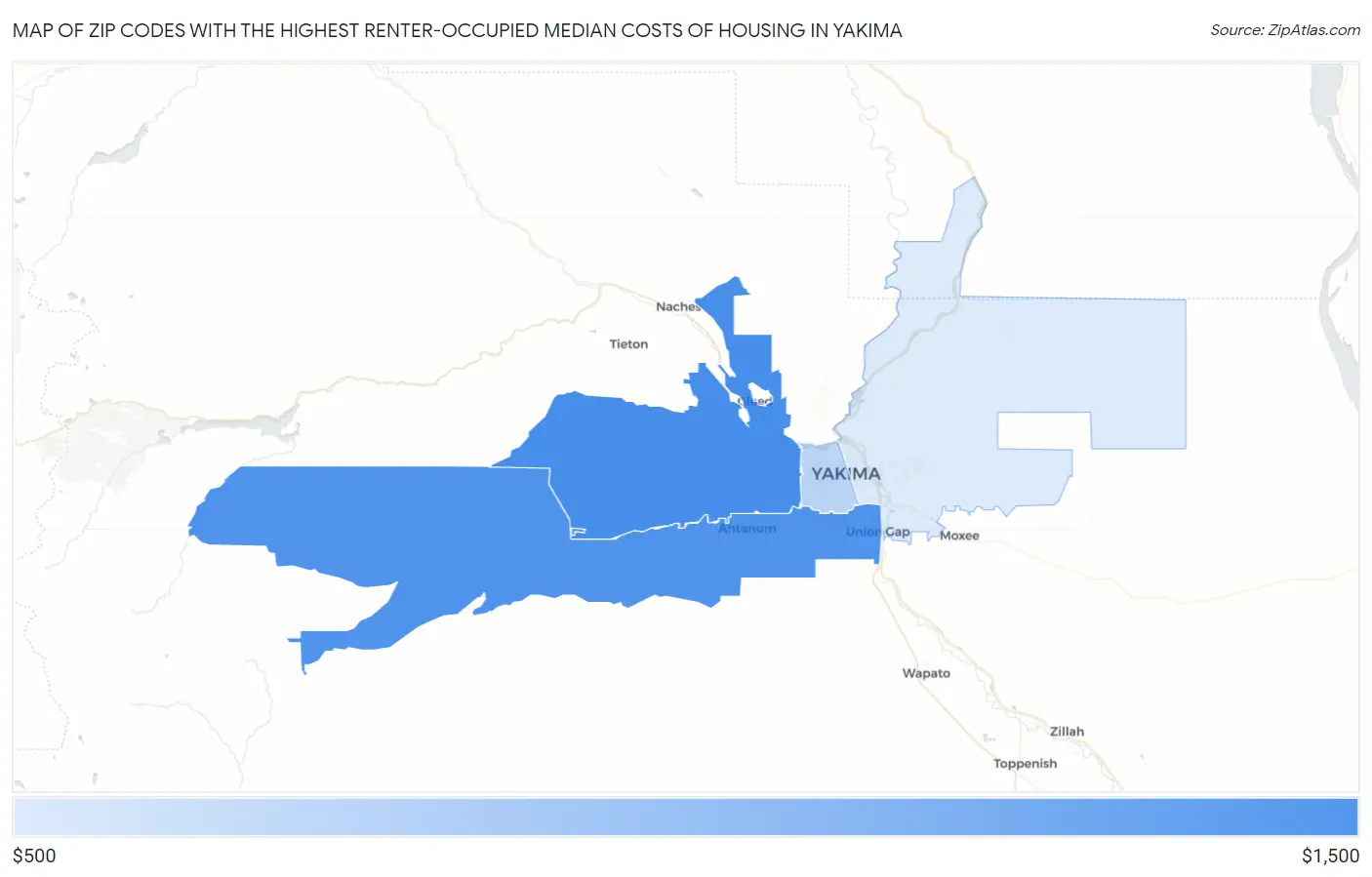Zip Codes with the Highest Renter-Occupied Median Costs of Housing in Yakima Map