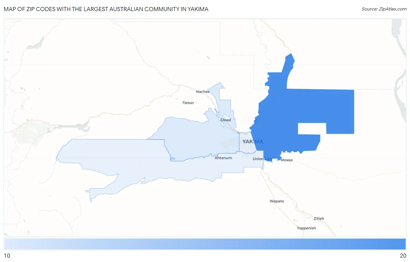 Zip Codes with the Largest Australian Community in Yakima Map