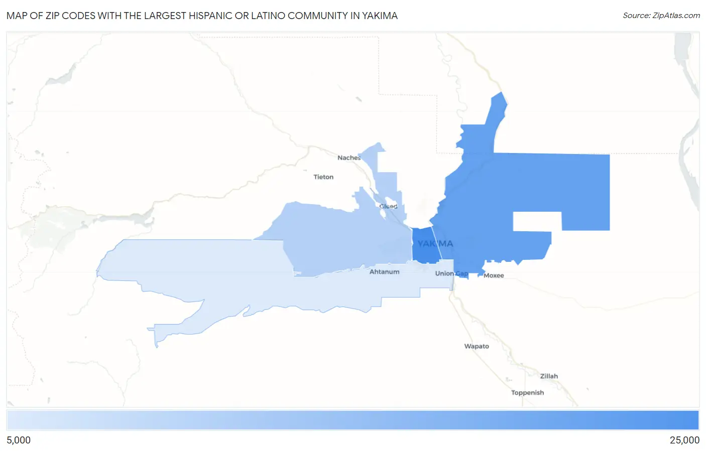 Zip Codes with the Largest Hispanic or Latino Community in Yakima Map