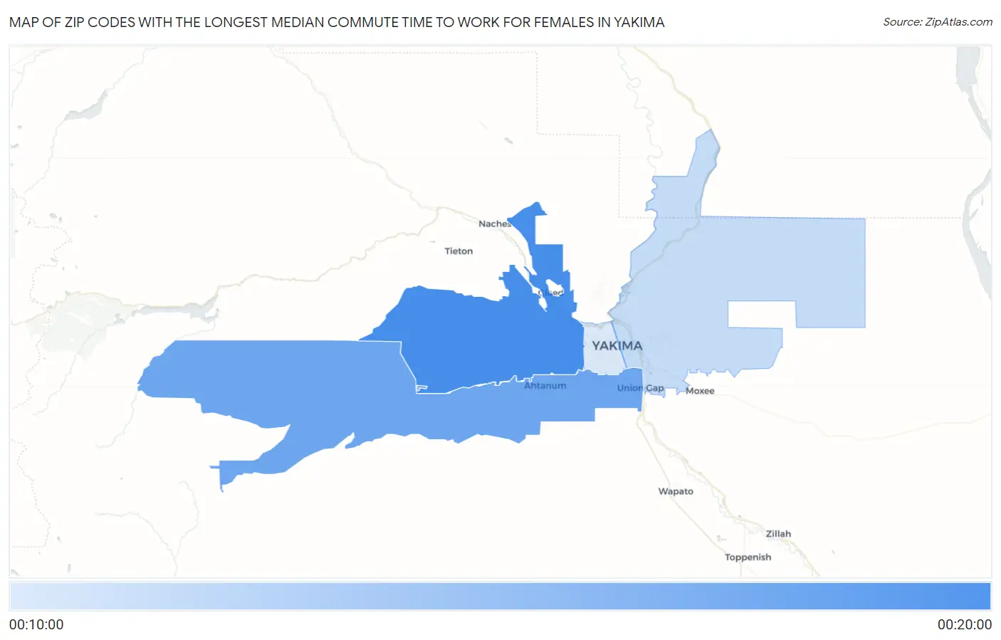 Zip Codes with the Longest Median Commute Time to Work for Females in Yakima Map