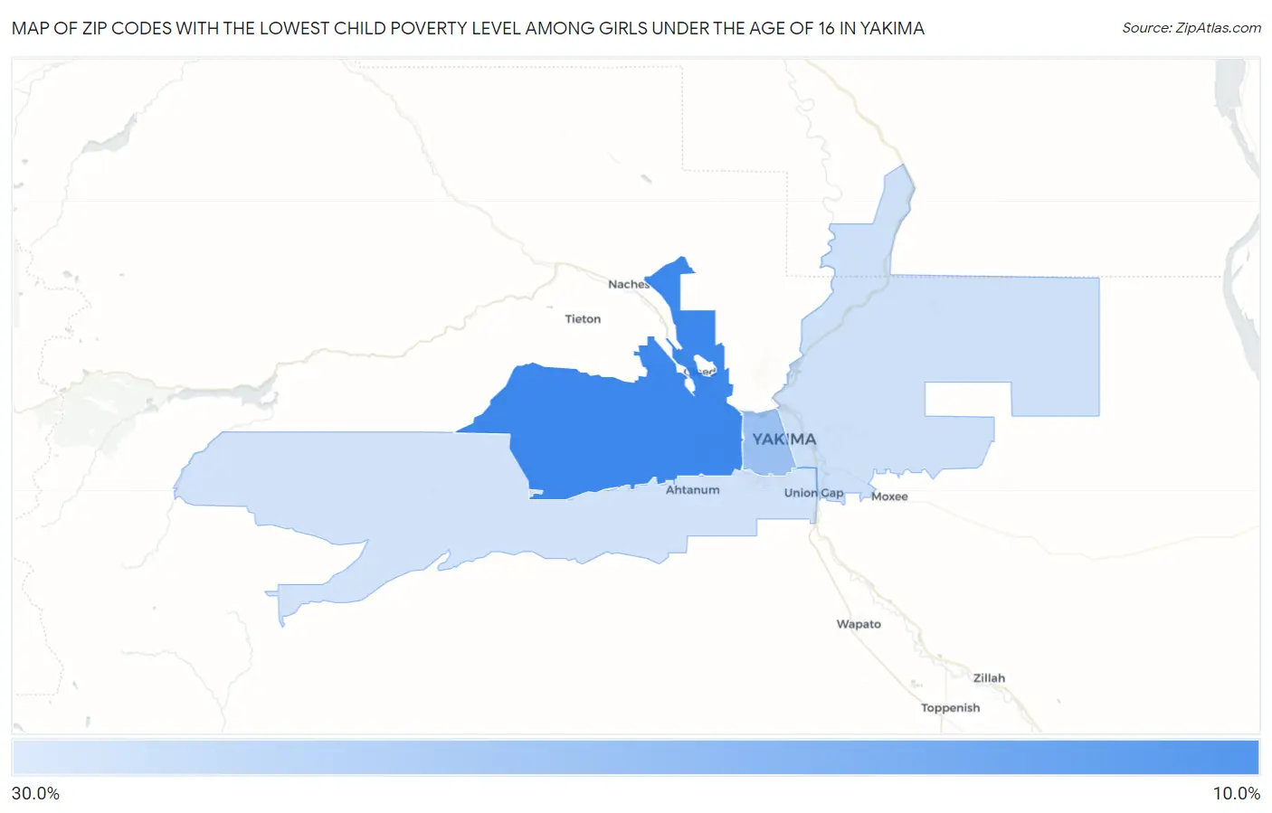 Zip Codes with the Lowest Child Poverty Level Among Girls Under the Age of 16 in Yakima Map