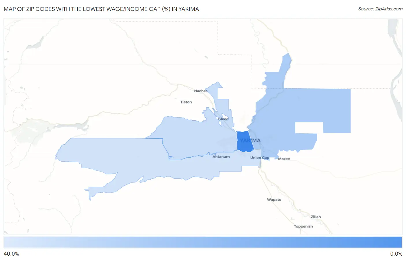 Zip Codes with the Lowest Wage/Income Gap (%) in Yakima Map