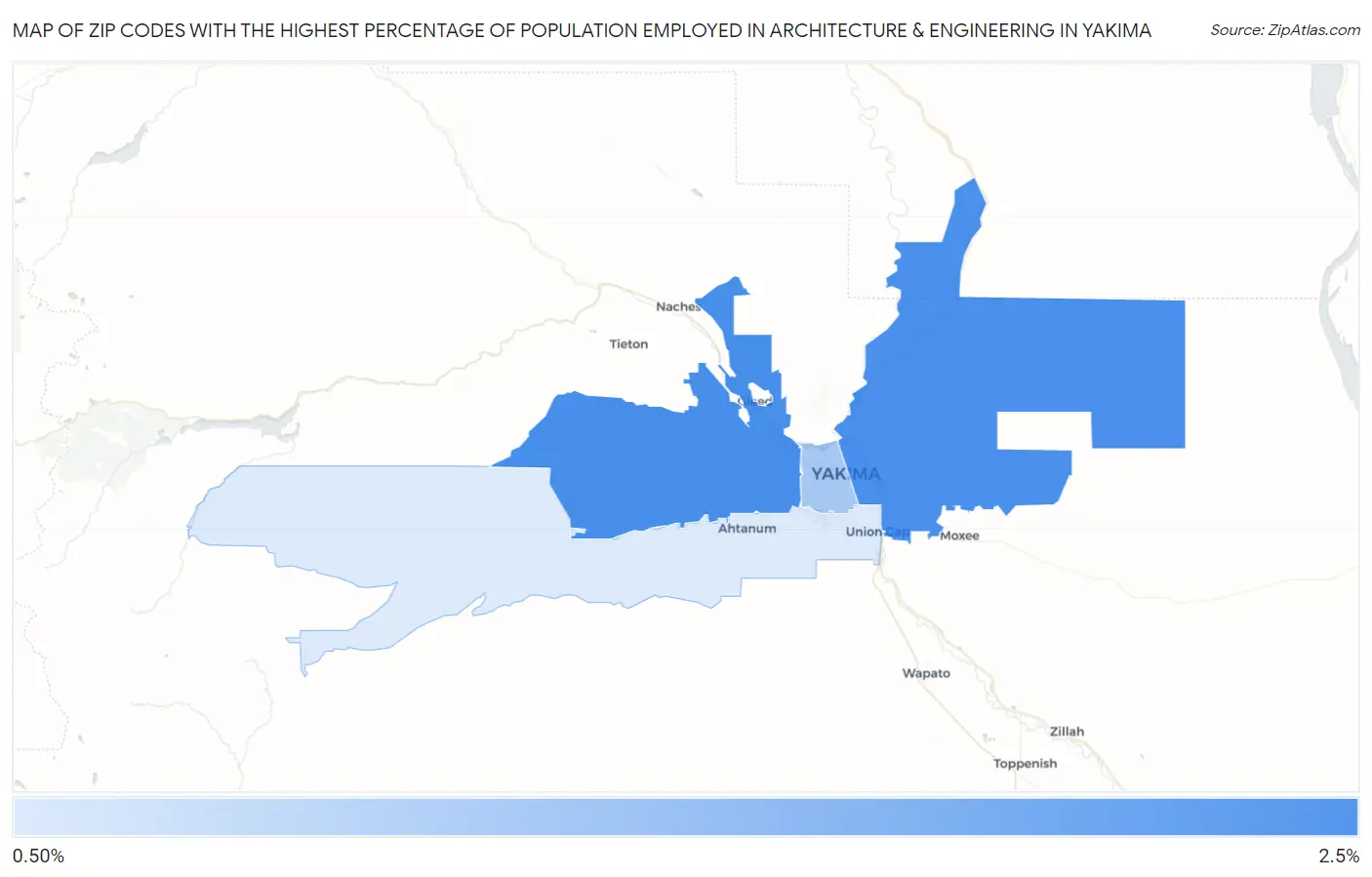 Zip Codes with the Highest Percentage of Population Employed in Architecture & Engineering in Yakima Map