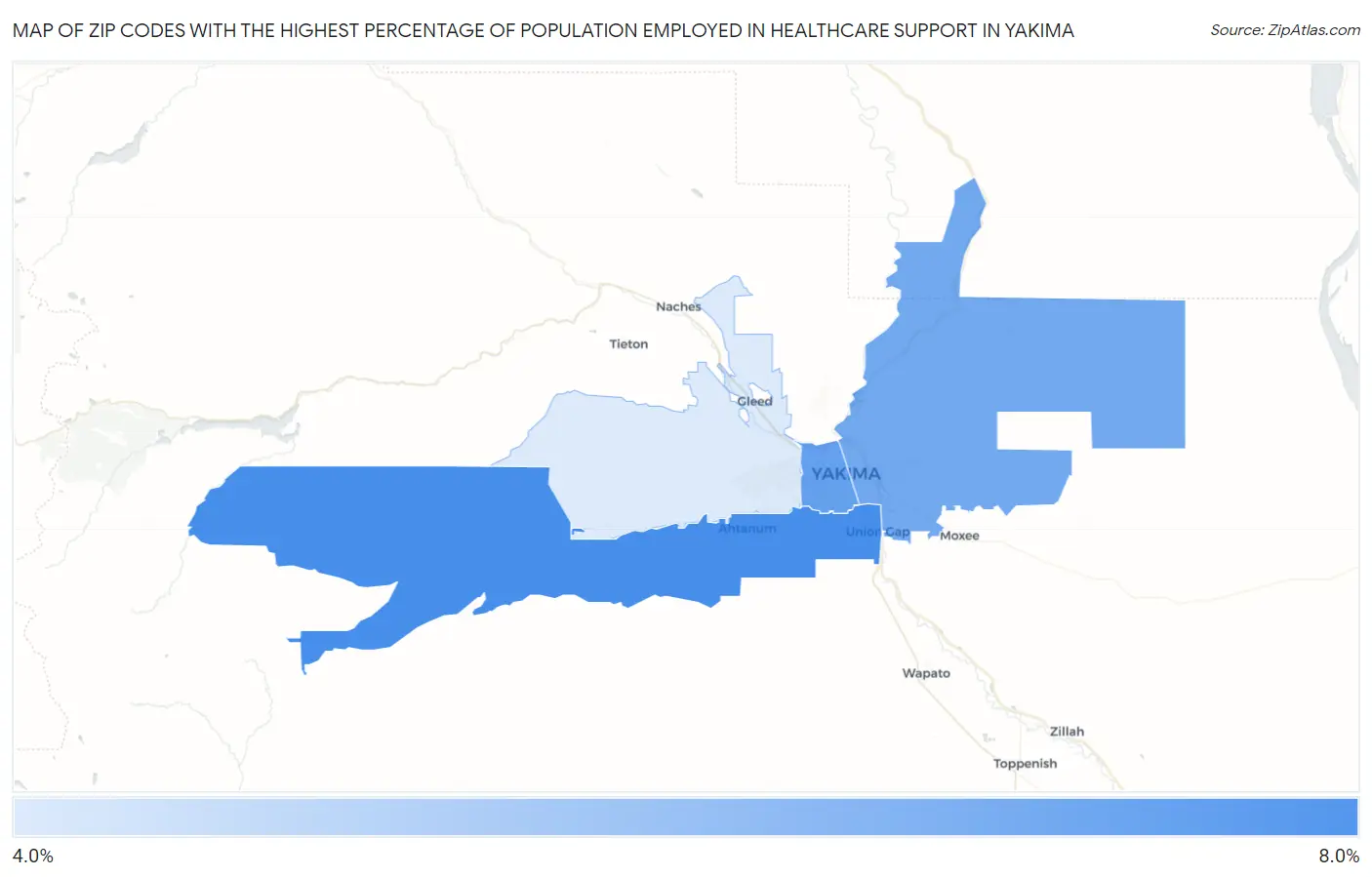 Zip Codes with the Highest Percentage of Population Employed in Healthcare Support in Yakima Map