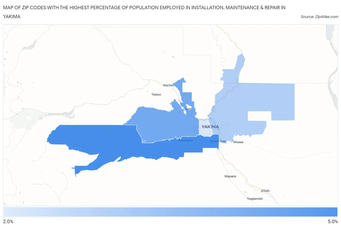 Zip Codes with the Highest Percentage of Population Employed in Installation, Maintenance & Repair in Yakima Map