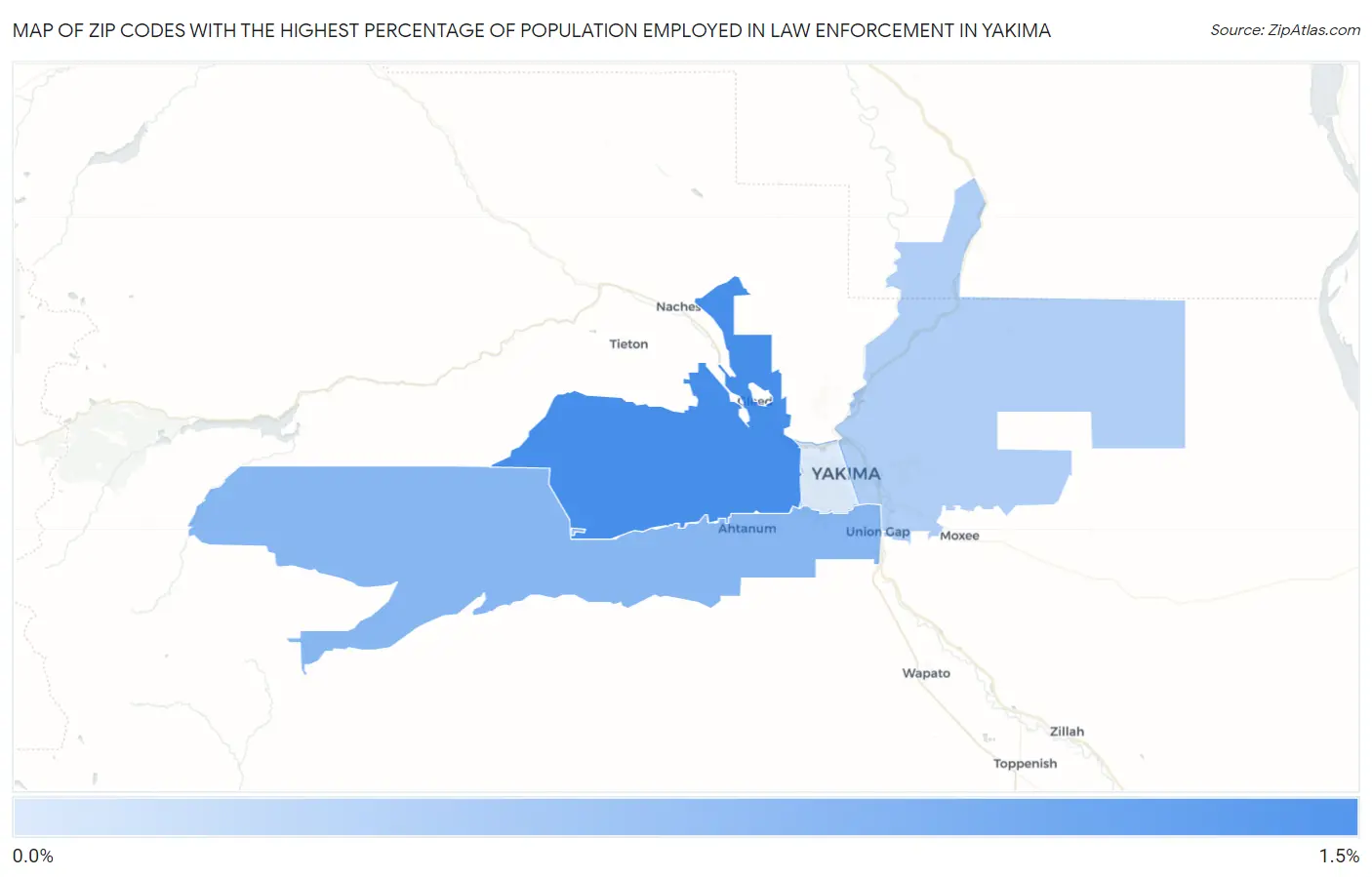 Zip Codes with the Highest Percentage of Population Employed in Law Enforcement in Yakima Map