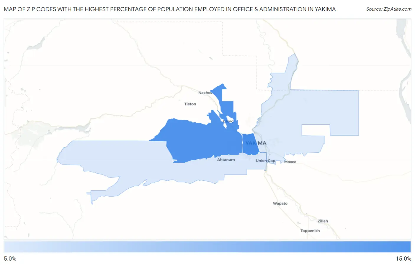 Zip Codes with the Highest Percentage of Population Employed in Office & Administration in Yakima Map