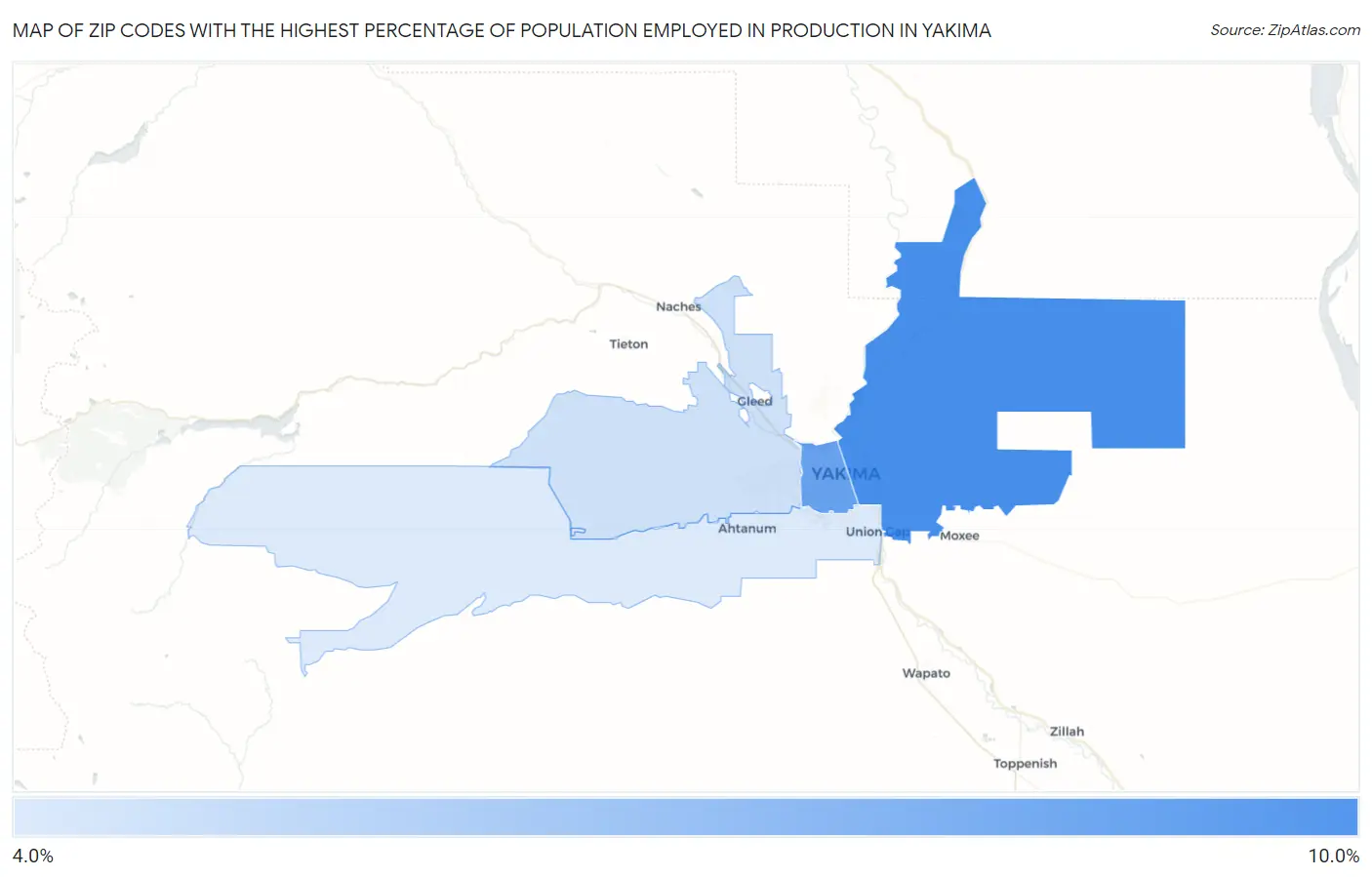 Zip Codes with the Highest Percentage of Population Employed in Production in Yakima Map