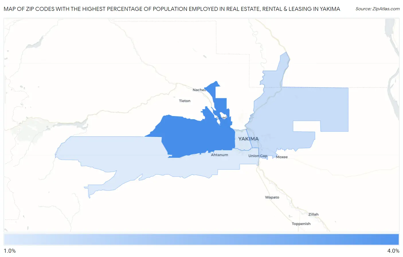 Zip Codes with the Highest Percentage of Population Employed in Real Estate, Rental & Leasing in Yakima Map