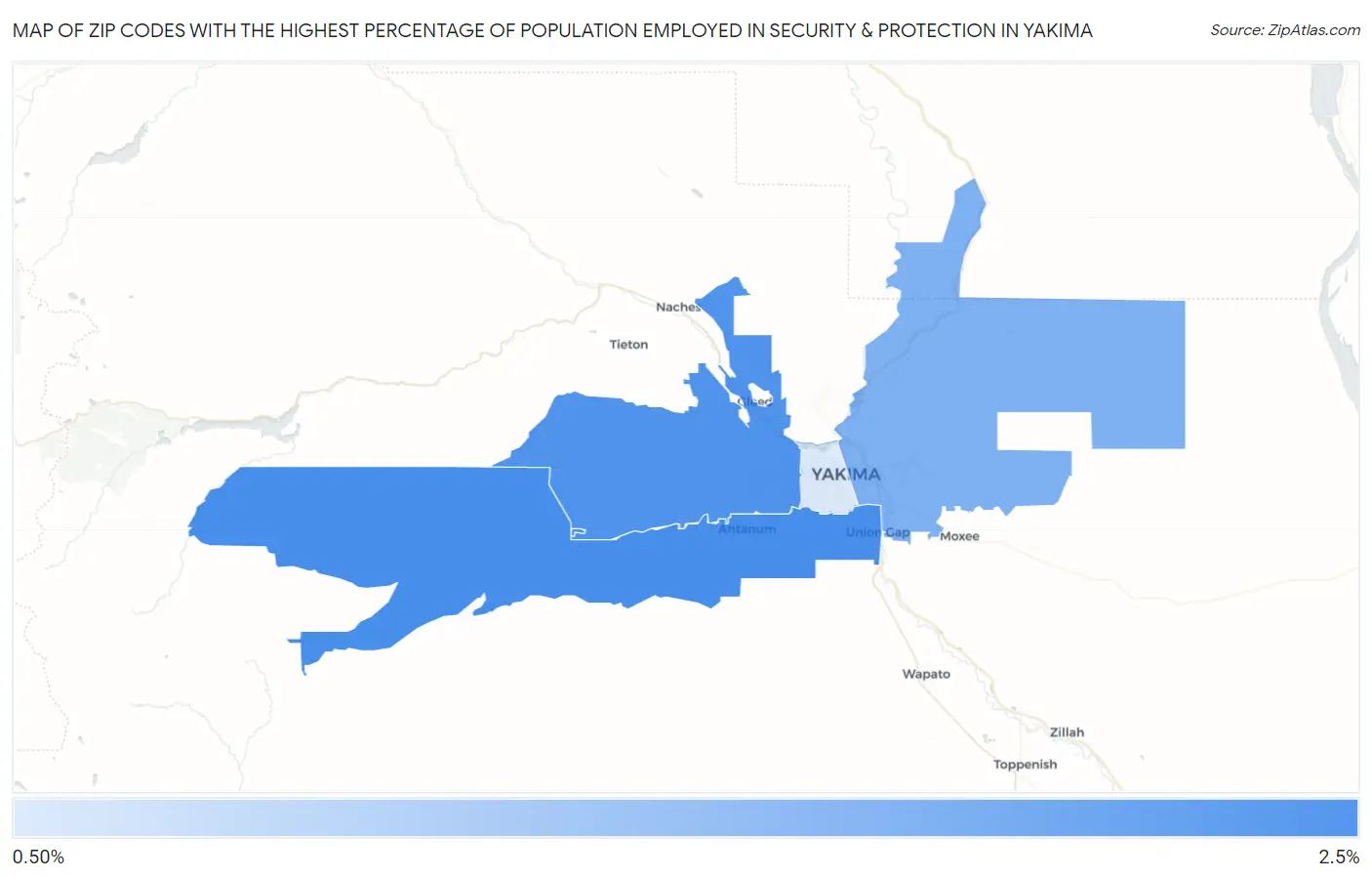 Zip Codes with the Highest Percentage of Population Employed in Security & Protection in Yakima Map