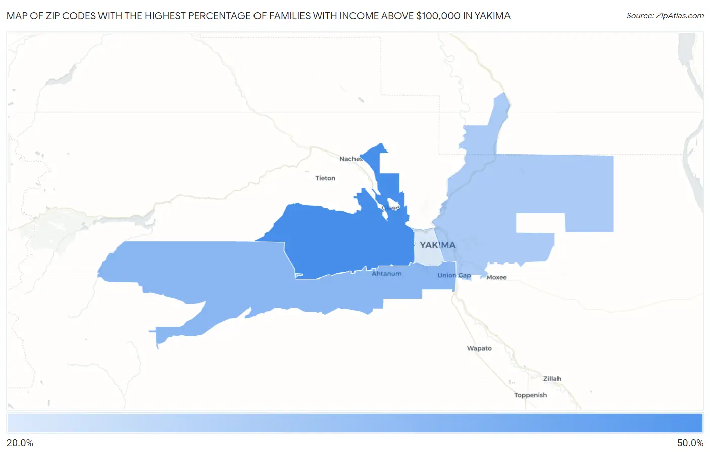Zip Codes with the Highest Percentage of Families with Income Above $100,000 in Yakima Map