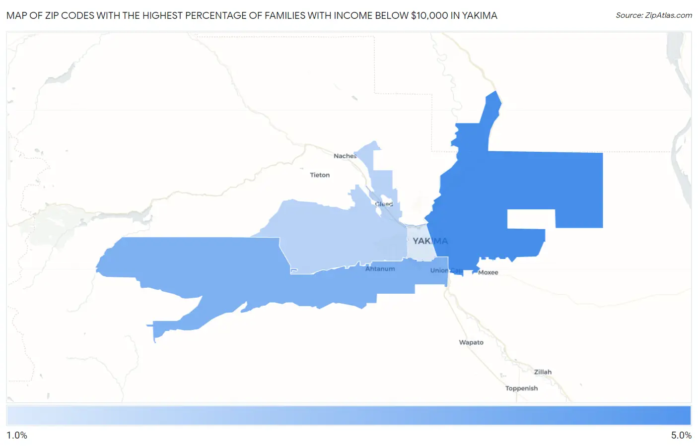 Zip Codes with the Highest Percentage of Families with Income Below $10,000 in Yakima Map