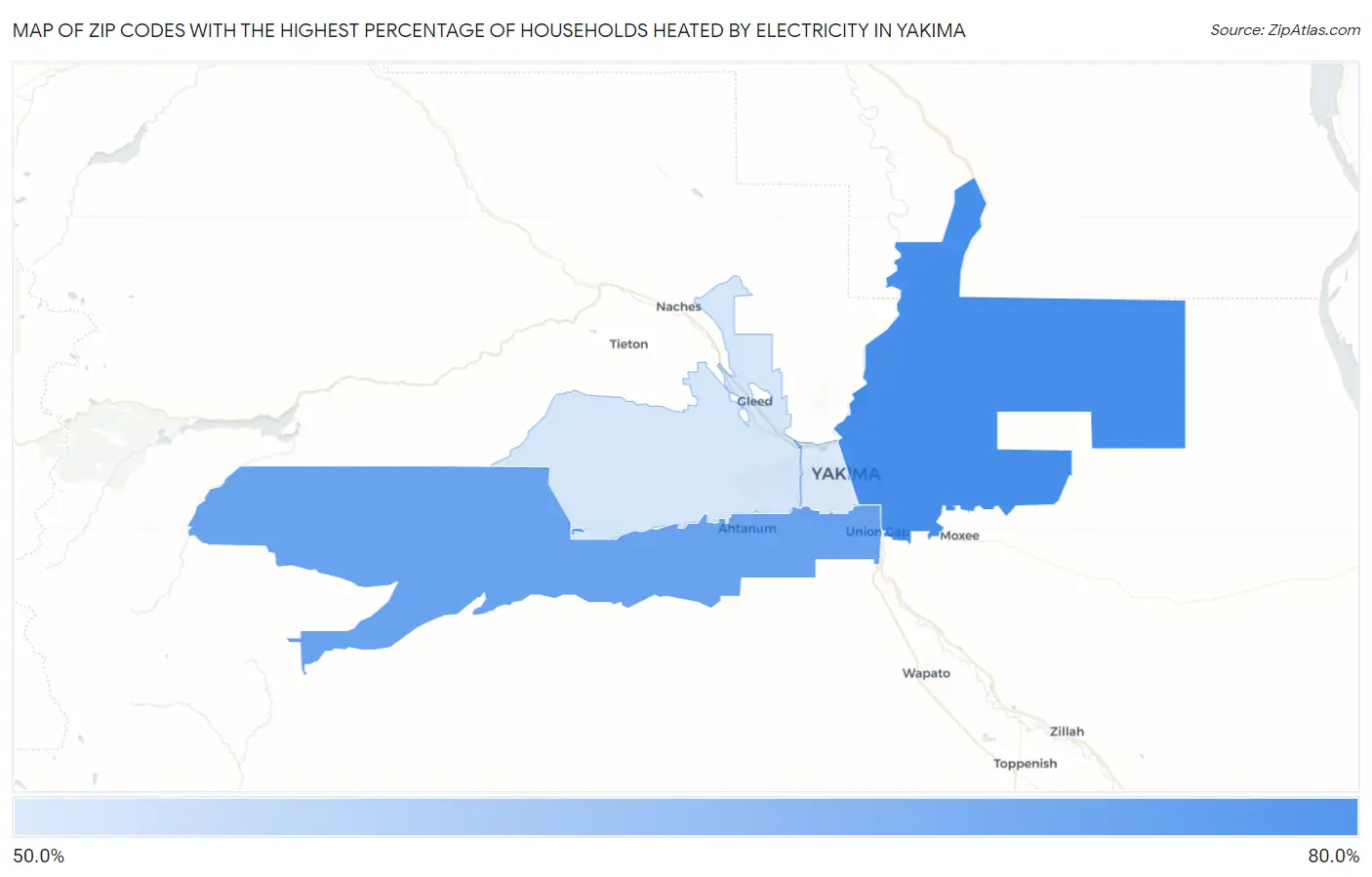 Zip Codes with the Highest Percentage of Households Heated by Electricity in Yakima Map