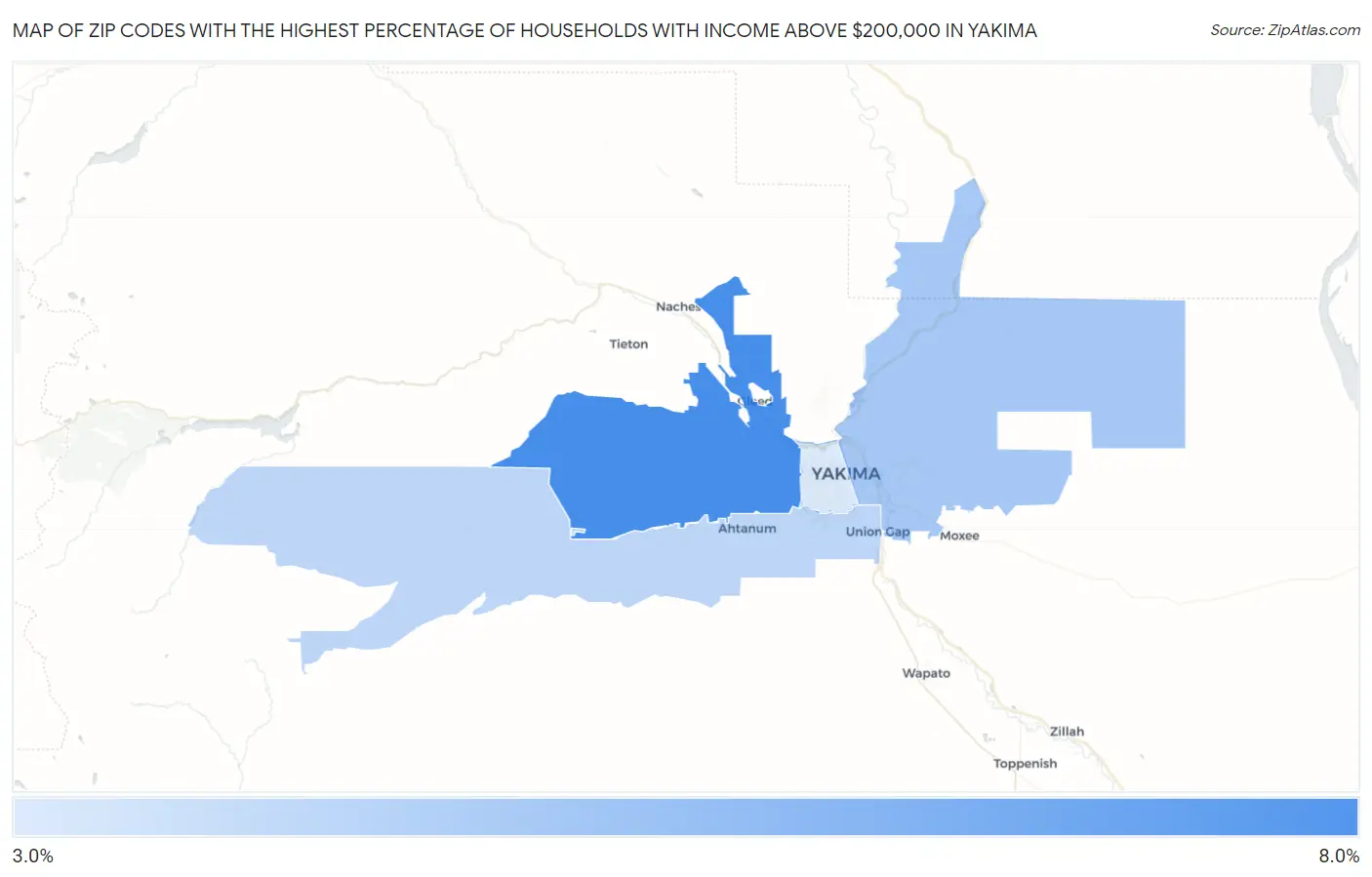 Zip Codes with the Highest Percentage of Households with Income Above $200,000 in Yakima Map