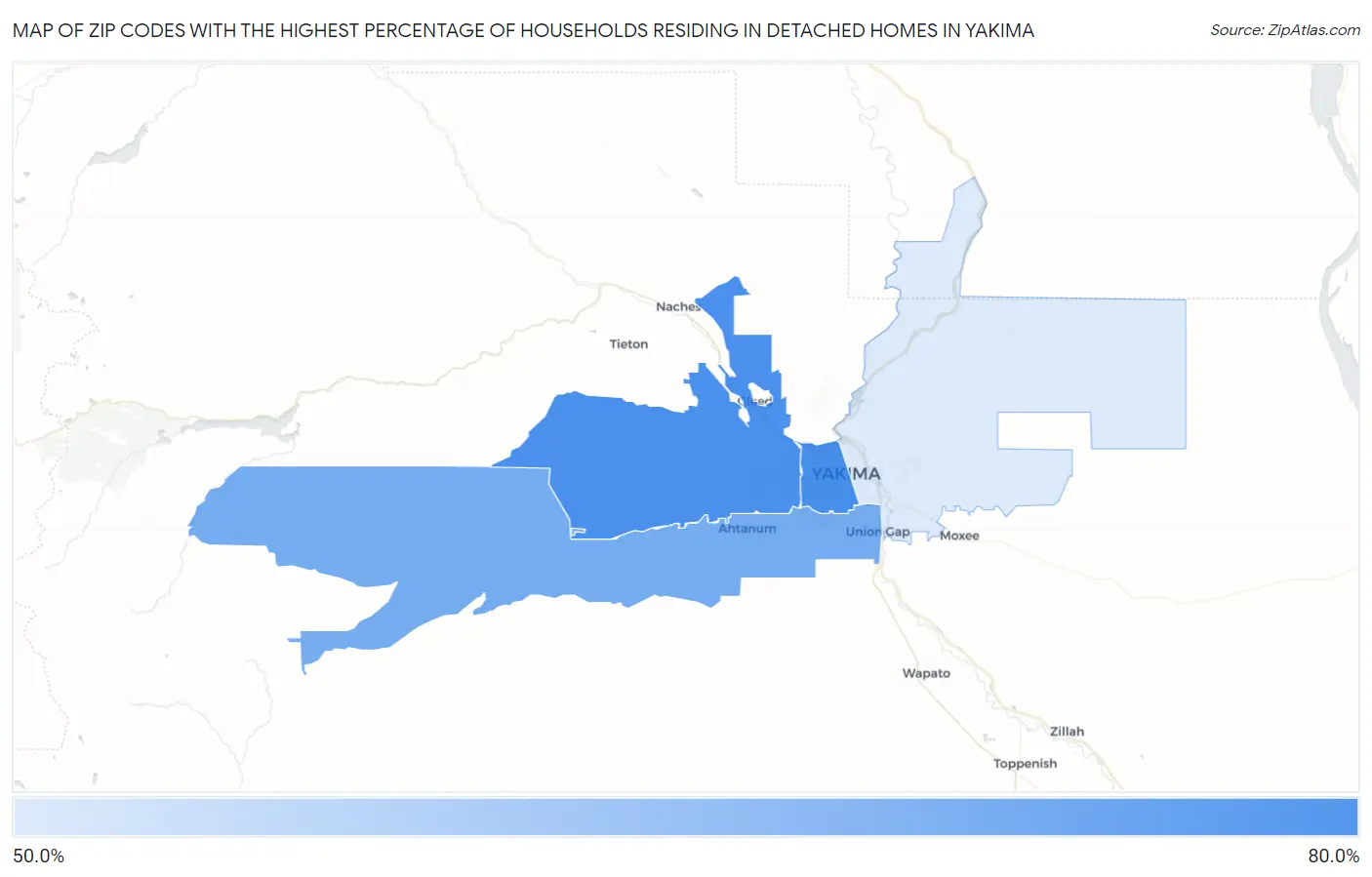 Zip Codes with the Highest Percentage of Households Residing in Detached Homes in Yakima Map