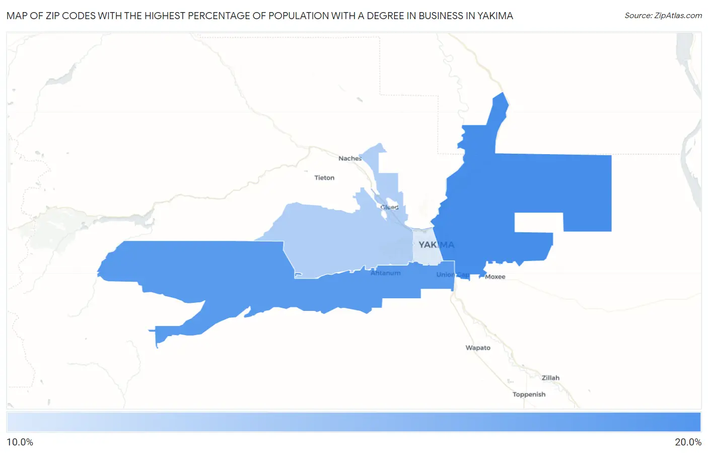 Zip Codes with the Highest Percentage of Population with a Degree in Business in Yakima Map