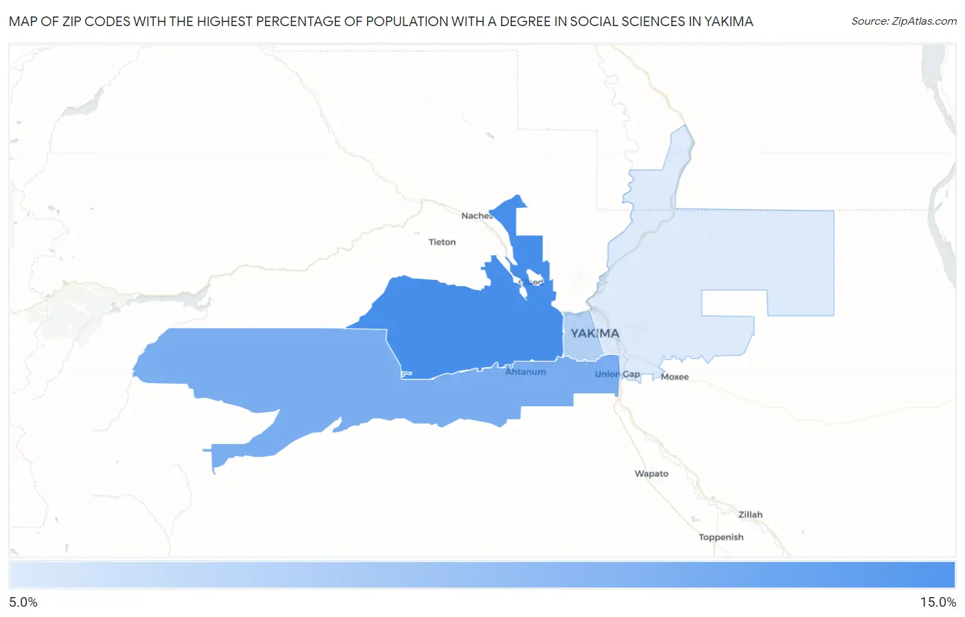 Zip Codes with the Highest Percentage of Population with a Degree in Social Sciences in Yakima Map