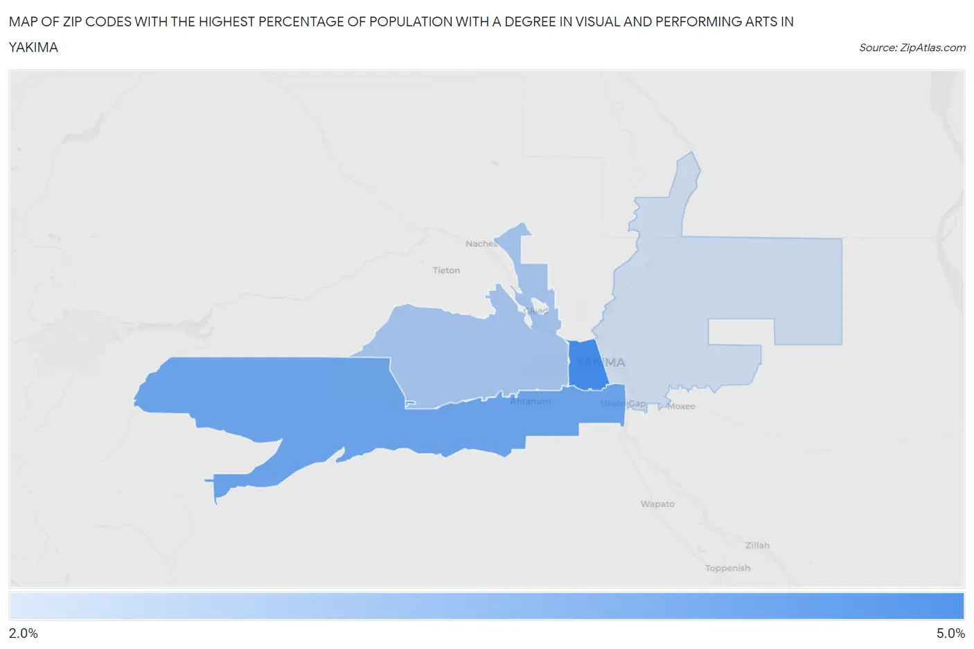 Zip Codes with the Highest Percentage of Population with a Degree in Visual and Performing Arts in Yakima Map