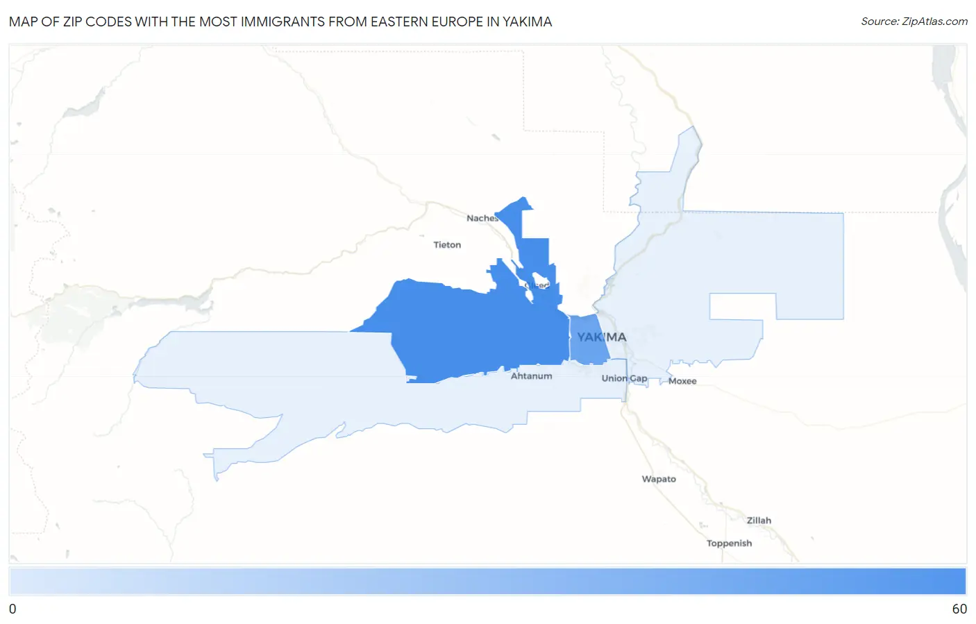 Zip Codes with the Most Immigrants from Eastern Europe in Yakima Map