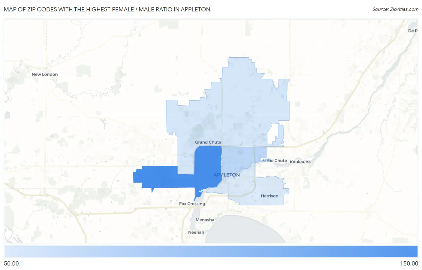 Zip Codes with the Highest Female / Male Ratio in Appleton Map
