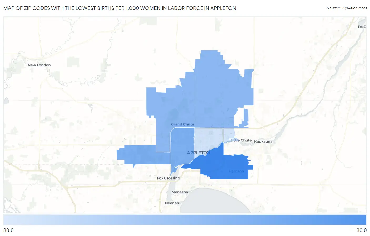 Zip Codes with the Lowest Births per 1,000 Women in Labor Force in Appleton Map