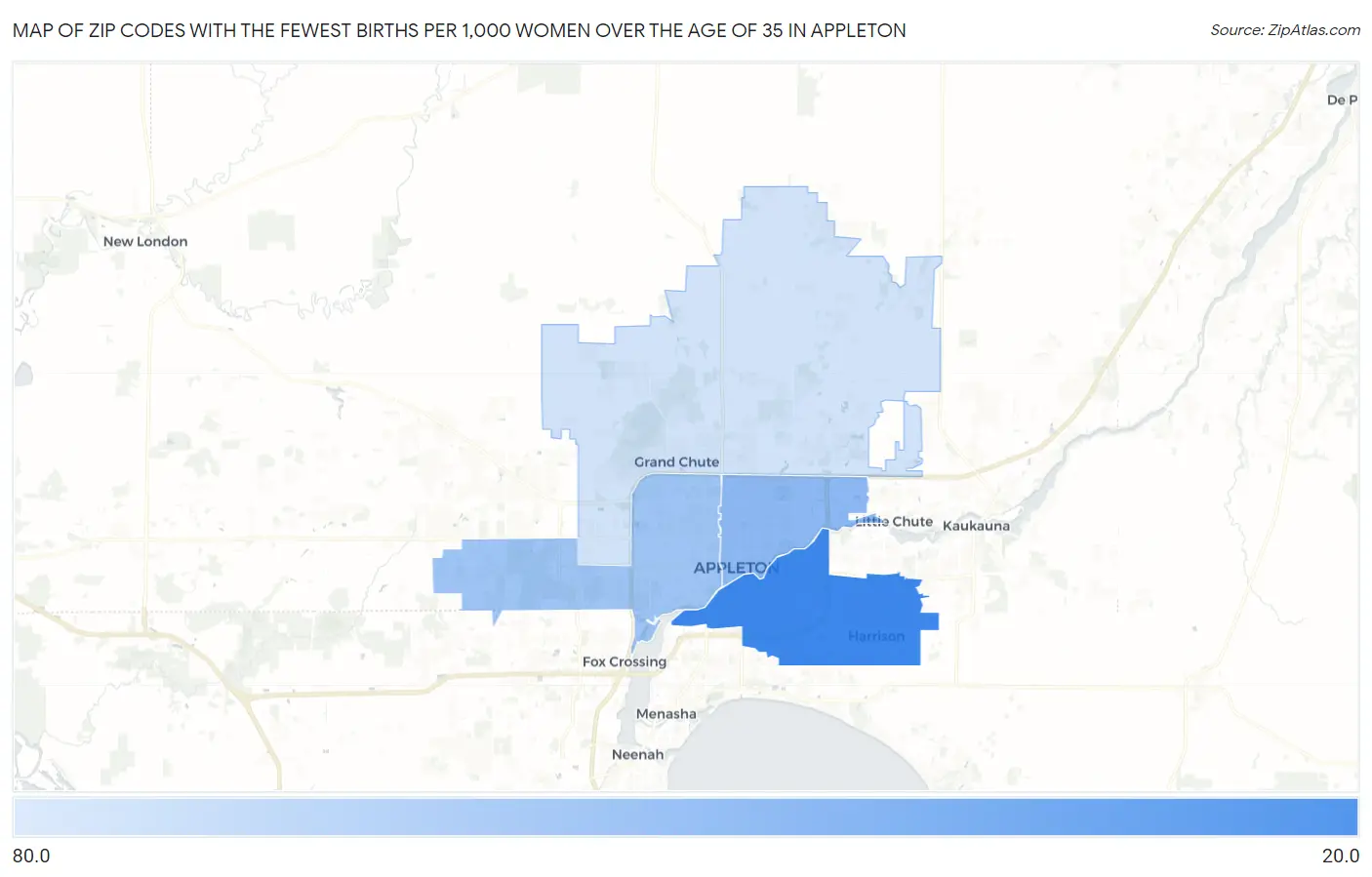 Zip Codes with the Fewest Births per 1,000 Women Over the Age of 35 in Appleton Map